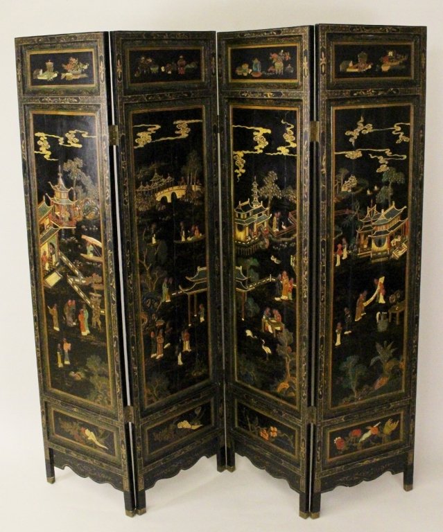 Four Panel Oriental Screen: Chinese, Late 19th/Early 20th century. Four panel screen with double-sided decoration. Front with polcyrhome figural, architectural and still life depictions on black lacquered ground accented with gi