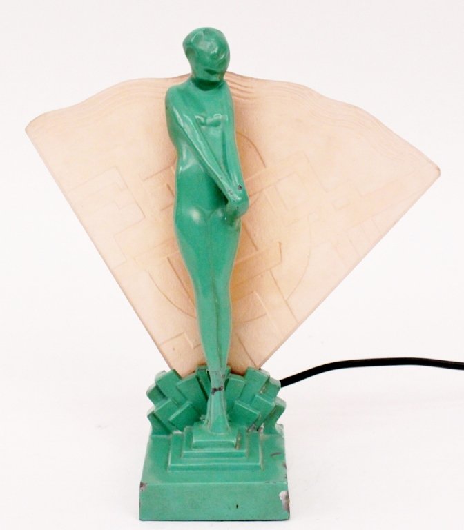 Frankart Figural Lamp with Fan Motif (L225): Frankart Inc. (American 1920s-1930s), No. L225. Original Frankart figural lamp with depiction of a coy young female nude in light Tiffany green on stepped Art Deco base with frosted rose glass fan wit