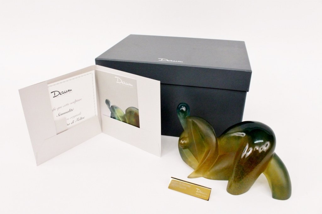 Daum, Sensualité Modern Art Glass Sculpture: Daum (French, 20th century/Contemporary). "Sensualité" modern pate-de-verre art glass sculpture in the form of an abstracted reclining female nude. Bottom of sculpture with "C. Di Feltre Daum France 