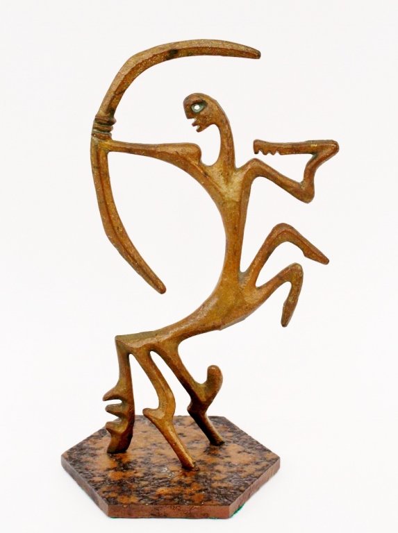 Frederick Weinberg Sagittarius Sculpture: Frederick Weinberg (American, 20th century). Bronze metal zodiac sculpture depicting Sagittarius, the centaur holding a bow and arrow, in modern style. Figure modeled at full length with arm bent back