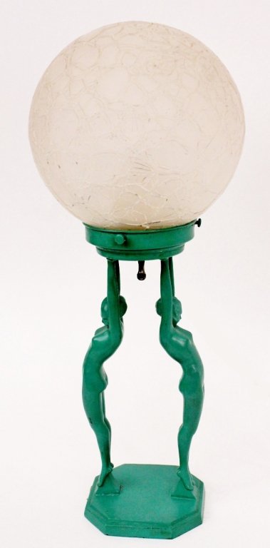 Frankart Figural Globe Lamp (L211): Frankart (American 1920s-1930s), No. L211. Original Frankart figural lamp depicting two young female nudes with backs slightly arched holding up a circular ring that holds a frosted and crackled globe