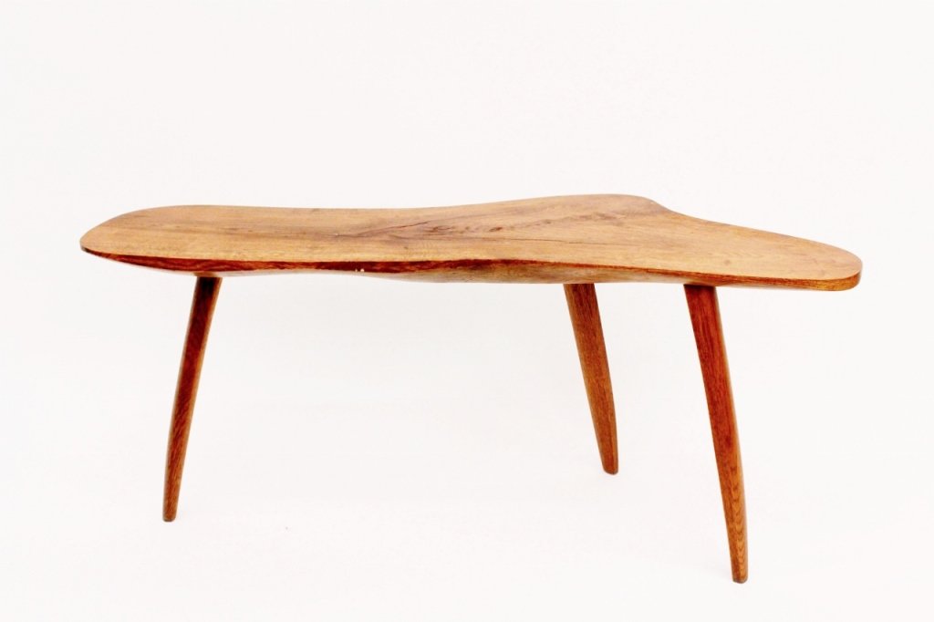 Nakashima Style Wood Bench or Coffee Table: Mid-century modern Nakashima style oak wood coffee table or bench of organic undulating form raised on three tapered wooden legs. Marked on bottom "FW 81". Height 16.9", width 37.6", depth 12.4". Prov
