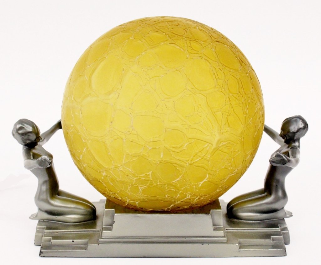 Frankart Figural Globe Lamp (L230): Frankart (American 1920s-1930s), No. L263. Original Frankart figural globe lamp depicting two young female beauties kneeling with arms extended in an elegant gesture of support or embrace surrounding