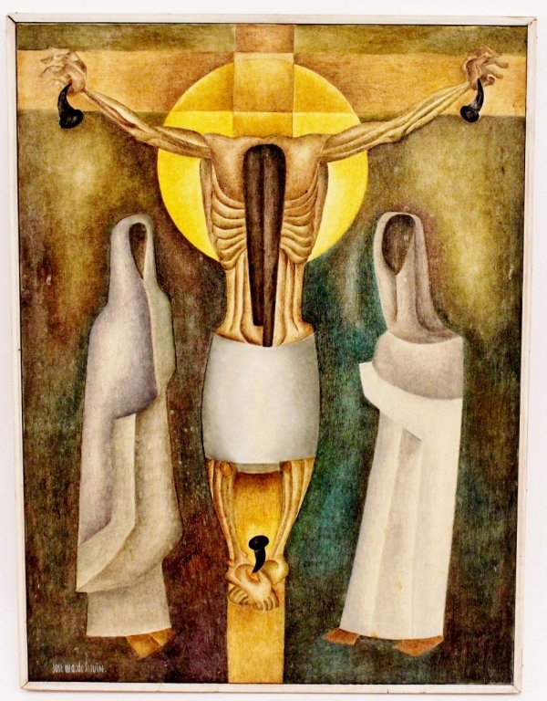 Jose Maria De Servin Crucifixion Oil on Canvas: Jose Maria De Servin (Mexican 1917-1995). "Crucifixion of Christ". Oil on canvas painting depicting Christ on the cross during the crucifixion flanked by two white hooded and robed mourning figures. C