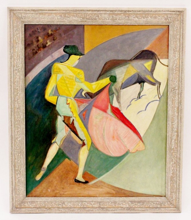 Bull Fight Oil on Canvas: Oil on canvas painting depicting a colorful bull fighting scene with a slight Cubist style depicting a charging bull and a matador in green and yellow with a pink cape in an arena with spectators in u