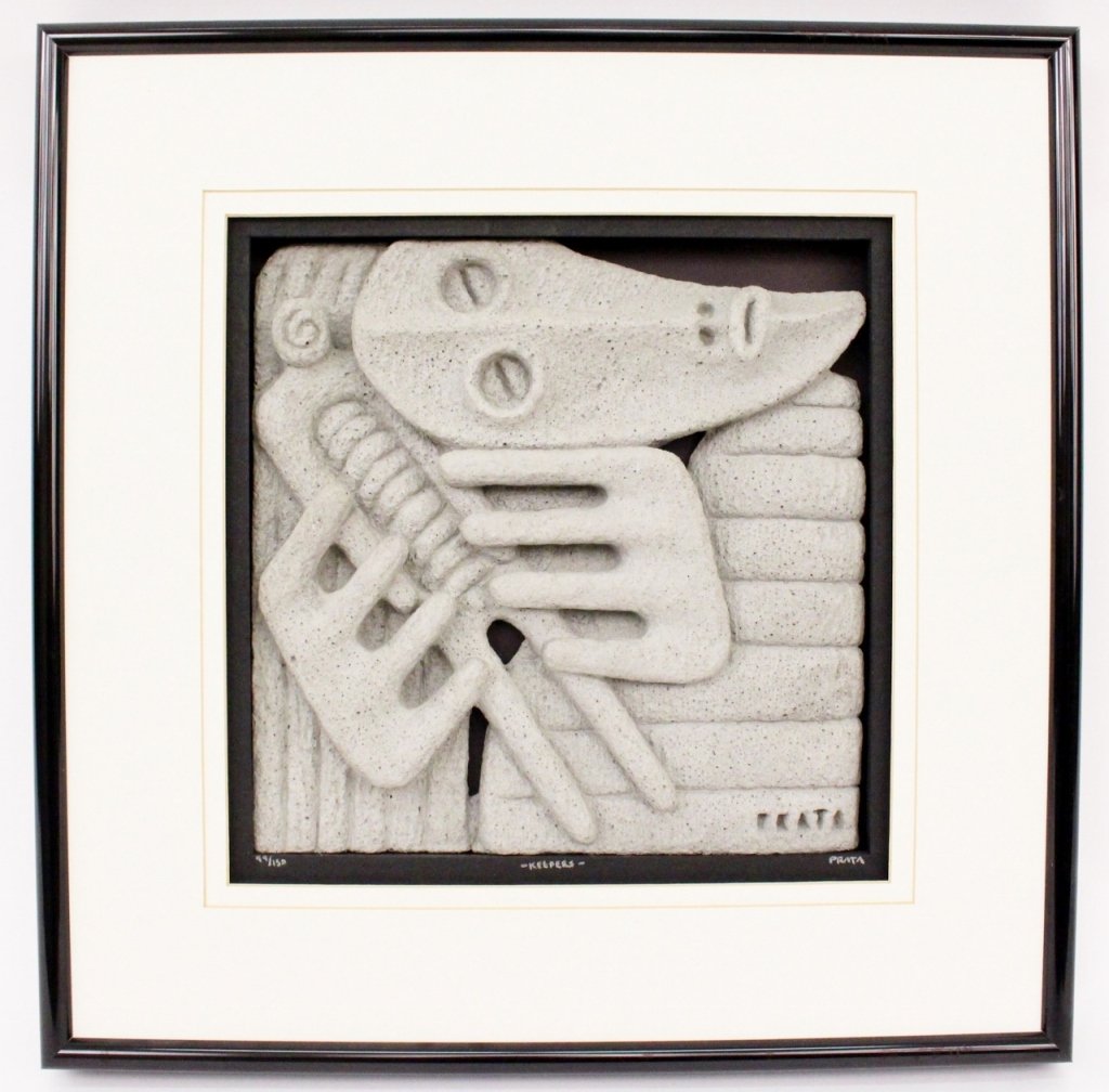 Ralph Prata Carved Concrete Art: Ralph Prata (American, Contemporary). Carved concrete abstracted artwork depicting a figure holding a doll or totem with both hands at the side of his face. Carving in recessed frame. Signed, titled a
