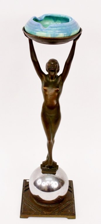 Frankart Figural Nude Smoking Stand (T330): Frankart Inc. (American 1920s-1930s), No. T330. Original Frankart figural smoking stand or ash receiver with depiction of a young female nude with legs crossed standing at full length with arms raised