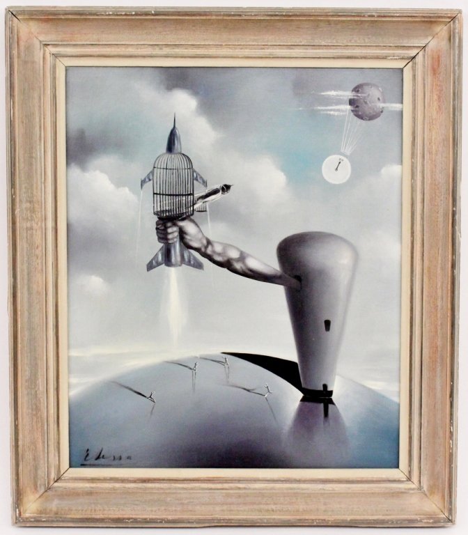 Surrealist Oil on Canvas, Signed: Surrealist oil on canvas painting depicting a domed building of tapered form with two small windows with a muscular extended arm holding a rocket form birdcage in the arm above four running small figu