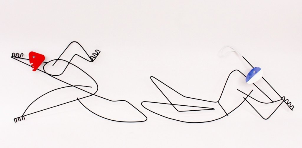 Two Frederick Weinberg Athletic Wall Sculptures: Frederick Weinberg (American, 20th century). Two figural wall sculptures composed of enameled steel depicting a golfer with a white and blue face swinging a white accented golf club and a bowler with