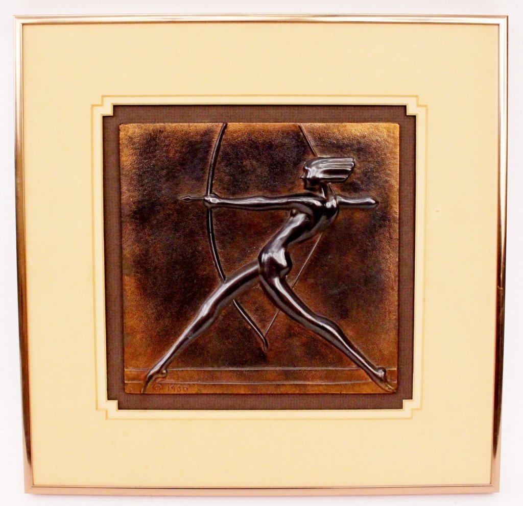Frankart Figural Wall Plaque of Diane (W904): Frankart Inc. (American 1920s-1930s), No. W904. Circa 1930 original Frankart wall decorative plaque depicting a stylized nude portrayal of Diane the archer. Figure with elongated form and dramatically