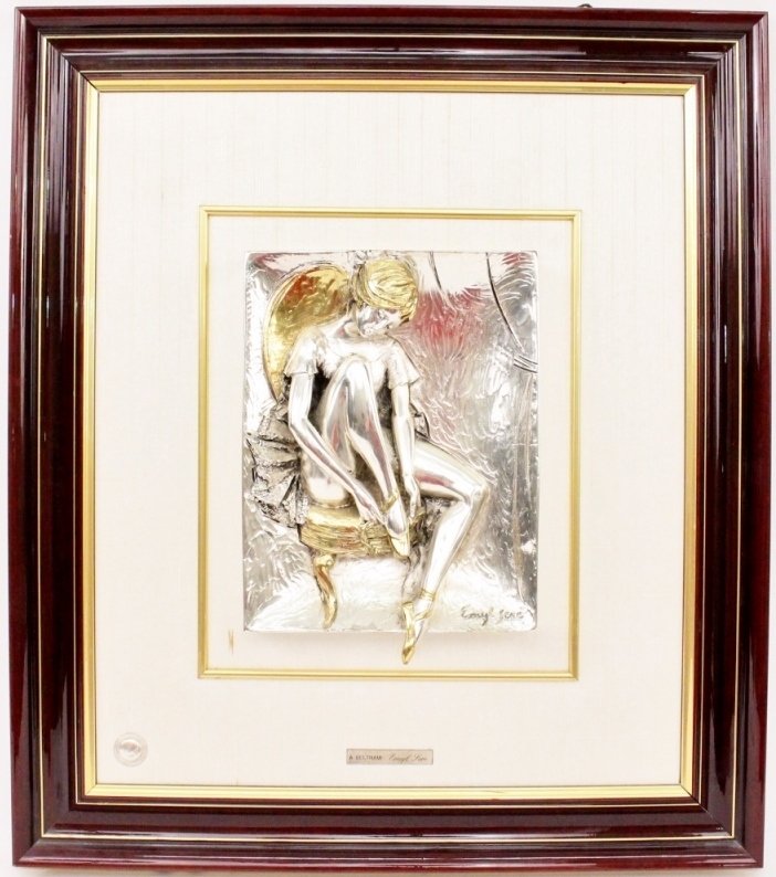 Emyl Sere Figural Relief Sculpture: Emyl Sere (Italian, 20th century), "Harmony". Mixed metal sculptural relief depicting female ballet dancer seated in a chair putting on a ballet slipper. Figure's other ballet shoe dangling off of the