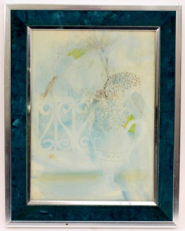 Charles Levier, Still Life Watercolor: Charles Levier (French, 1920-2003). Watercolor on paper work depicting a still life with a footed and handled urn on a table with flowers on a table in front of a balcony with scrolled decoration with