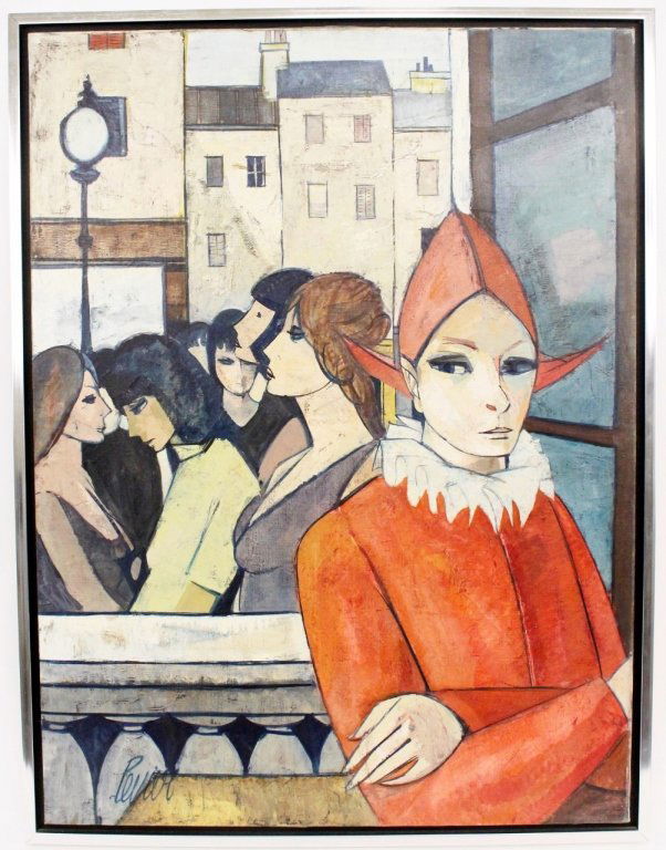 Charles Levier, "Saltimbanque", Oil on Canvas: Charles Levier(French, 1920-2003), "Saltimbanque". Oil on canvas painting depicting an isolated circus performer (title references Pablo Picasso's series of circus performers from the area) wearing a