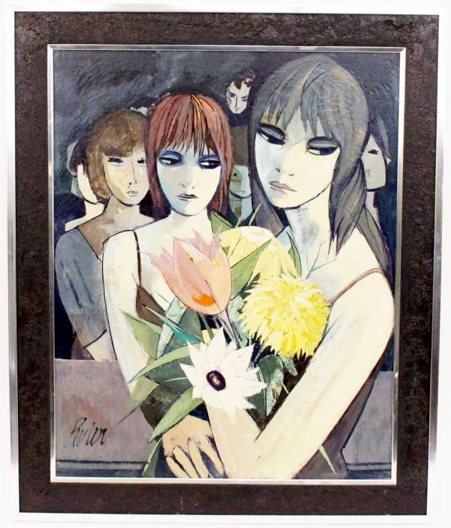 Charles Levier, "Femmes au Fleurs", Oil on Canvas: Charles Levier (French, 1920-2003), "Femmes au Fleurs". Oil on canvas painting depicting sullen women holding a bouquet of flowers. Women portrayed with large dramatic eyes and elongated necks and arm