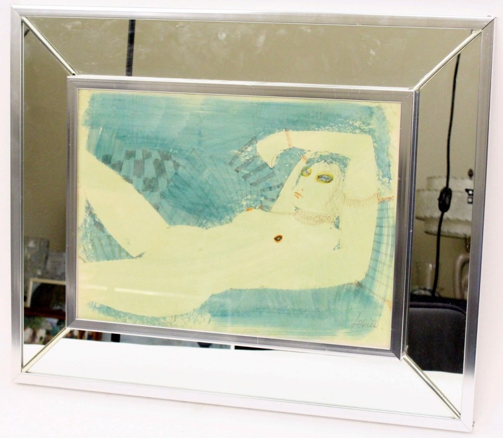 Charles Levier, Watercolor of a Reclining Female Nude: Charles Levier(French, 1920-2003). Watercolor on paper depicting a reclining female nude with arms bent above her face. Young woman wearing chain linked necklace, bracelets and armbands. Woman with hi