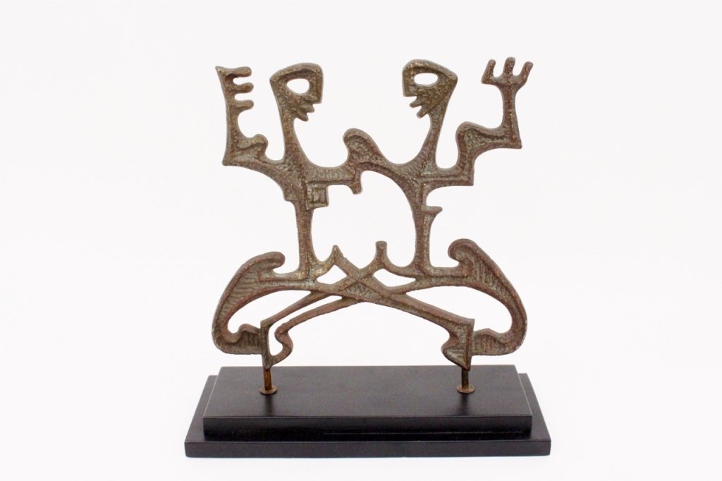 Frederick Weinberg Figural Sculpture: Frederick Weinberg (American, 20th century). Bronze metal table sculpture depicting two figures dancing with hands held and arms up. Abstracted fluid and modern figures looking at each other and depic