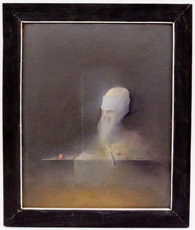 Adrian Mircea Paiu, Oil Painting: Adrian Mircea Paiu (Romanian b. 1966- ). Oil on masonite painting depicting a metaphysical or surrealist style scene of a bearded figure with a blindfold in hovering over a table marked with balls or 