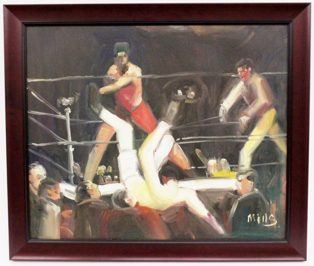 Contemporary Oil of a Boxing Scene: Contemporary oil on canvas painting depicting a boxing match where a boxer has been knocked out of the ring into the audience. Painting rendered in loose expressive style. Signed lower right "Mills". 