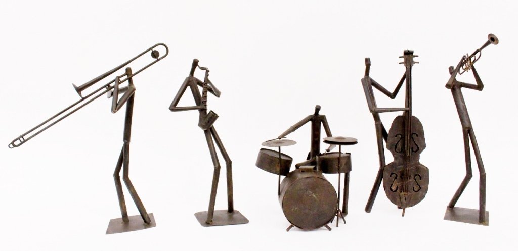 Five Piece Metal Sculptural Group--Jazz Band: Paul P. Miles (American, Contemporary). Five piece figural metal sculpture group depicting a jazz band comprising of a seated drummer, a bass player, a trumpeter, a trombone player, and a saxophone pl