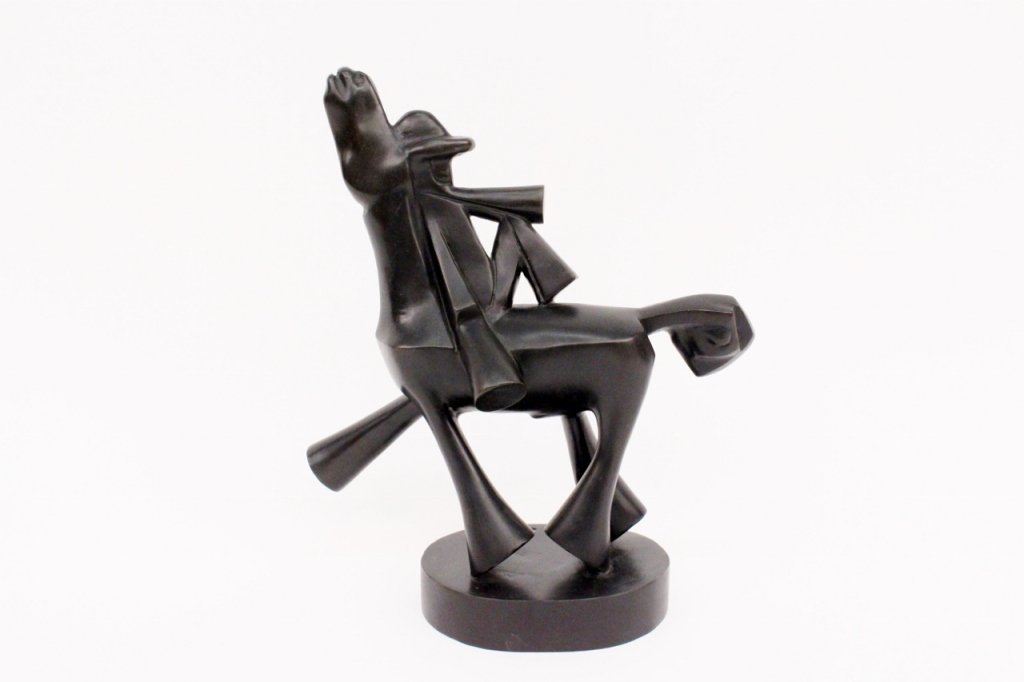 Modern Bronze Sculpture of a Cowboy on Horse: Modern minimal patinated bronze metal sculpture depicting a walking horse. Horse's mane can be interpreted in as both the animal's hair and a seated cowboy in hat resting with his back against the hor