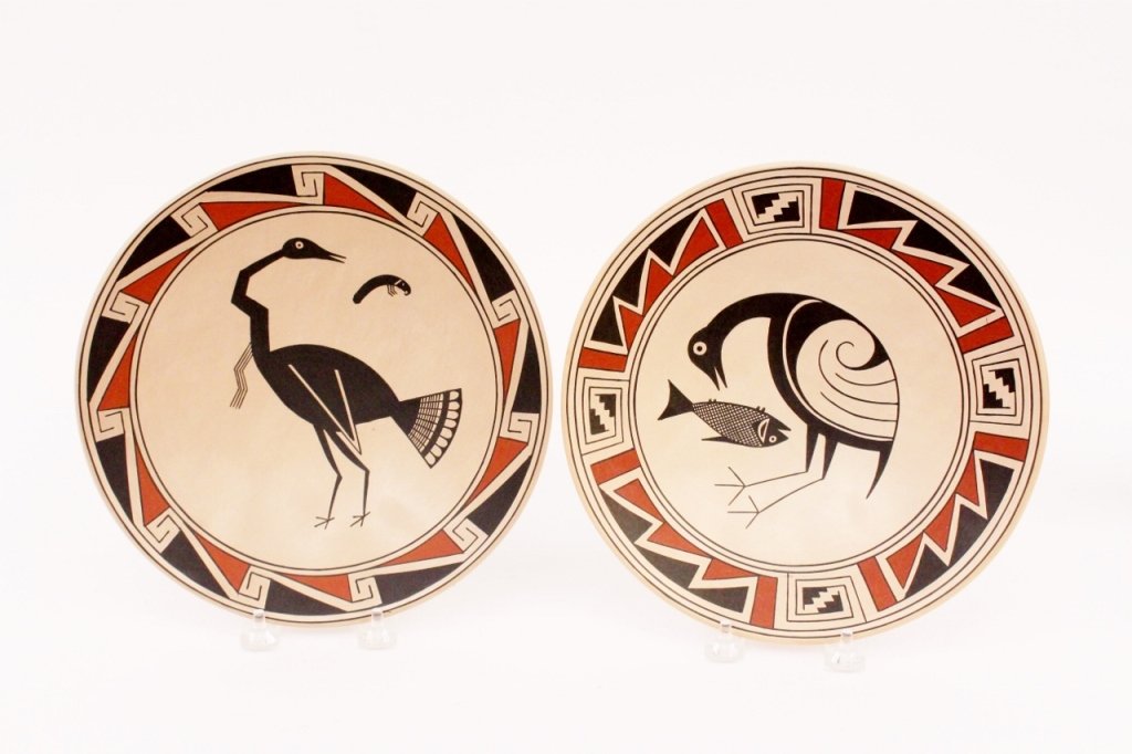 2 Sabino Villalba Pottery Plates/Shallow Bowls: Two Mata Ortiz polychromed shallow bows or plates signed Sabino Villalba H for Sabino "Cabi" Villalba Hernandez. One with bird and fish motif at center, other with bird and prawn or shrimp at center. 