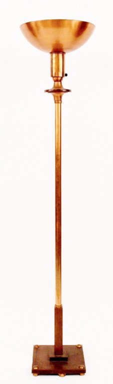 Frankart Inc. Copper Torchiere: Frankart (American 1920s-1930s). Modern copper metal and wood floor torchiere with simplified and streamlined copper tube shaft raised on a rectangular wood shaft on a stepped wood base with copper ac