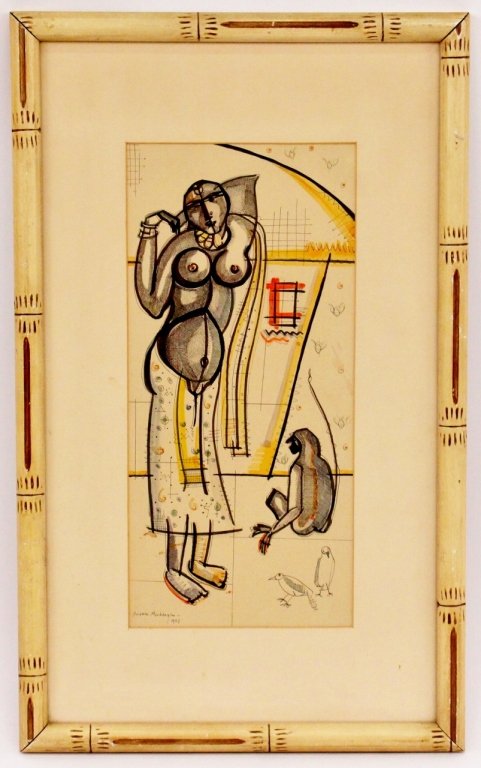 Indian Mixed Media on Paper--Female Nude & Monkey: Sushil Mukherjee (Indian b. 1915- ). Mixed media on paper depicting a female nude with abstract patterned wrap around waist standing on the left next to a seated monkey with two birds in the foregroun