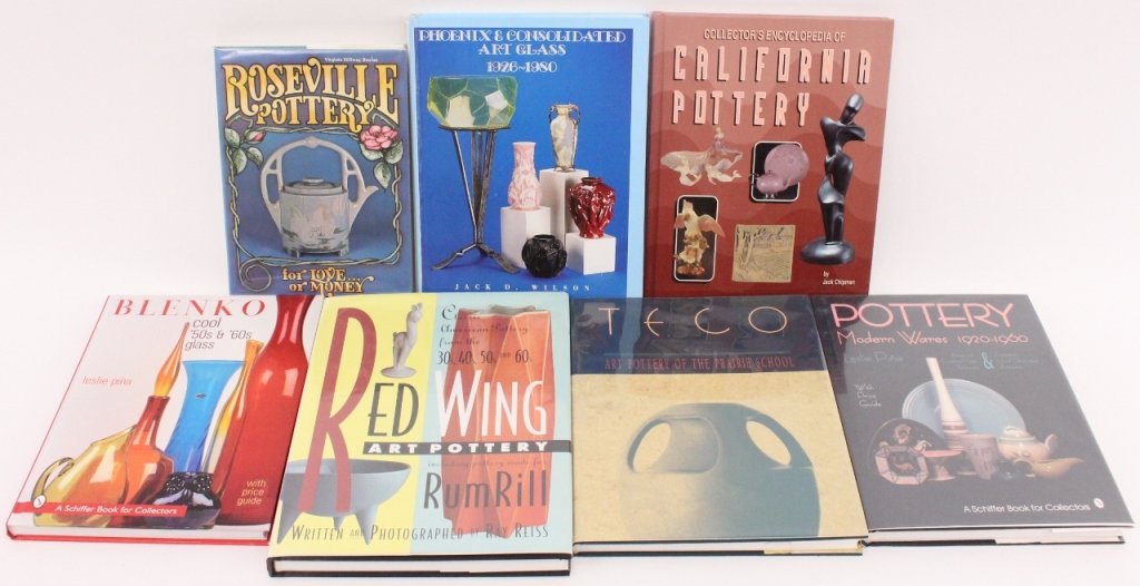 Seven American Pottery & Glass Books: Group of seven books on American pottery and glass including "Red Wing Art Pottery (including pottery made for Rum Rill" by Ray Reiss--signed to by the author in interior flysheet and accompanied with