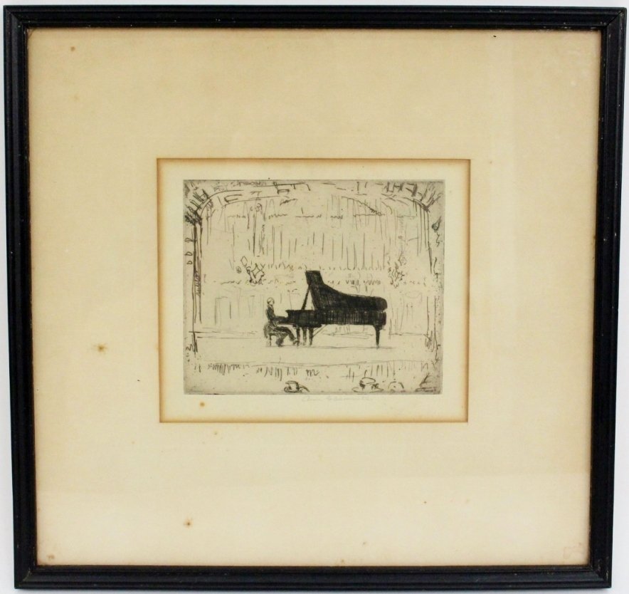 Anne Wilson Goldthwaite Pianist Etching: Anne Wilson Goldthewaite (American 1874-1944), "The Concert Pianist". Etching depicting a seated male concert pianist playing a black grand piano in a performance on a stage with curtains and sconces 
