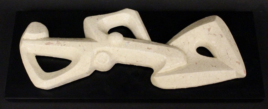 Frederick Weinberg Figural Wall Sculpture: Frederick Weinberg (American, 20th century). Figural white painted ceramic wall sculpture of a female nude. Sculpture with hook on back that hangs on nail on black rectangular wall mount. Figure appar