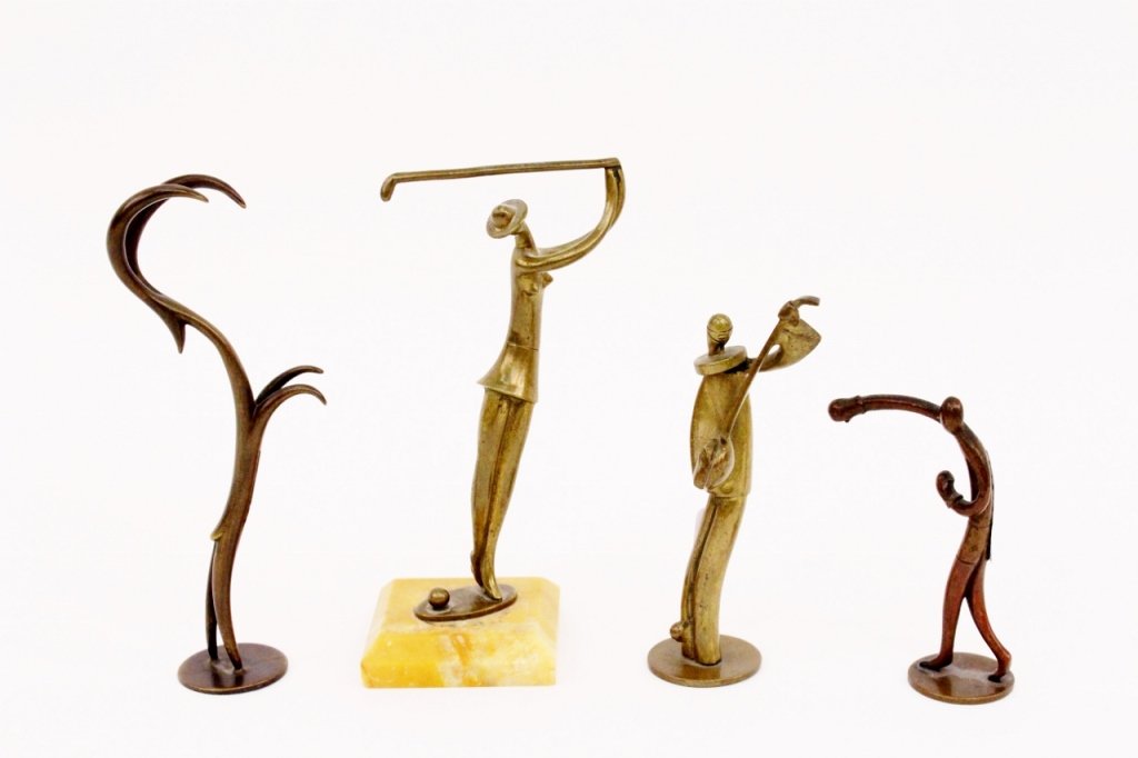 Four Small Hagenauer & Hagenauer Style Figures: Four small Hagenauer and Hagenauer style metal (some in bronze) figures including two marked and two unmarked (possibly not original to the artist or his studio). Marked figures include a boxer with a