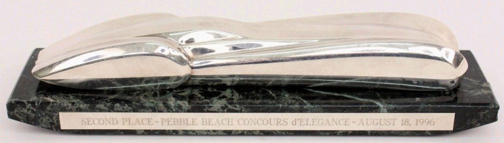 Sterling Silver Concours d'Elegance Trophy: Sterling silver Pebble Beach Concours d'Elegance trophy for second place by Emmanuel Zurini (French, b. 1942). Trophy hallmarked for silversmith Jack Spencer Ltd., Sheffield, England on back side of r