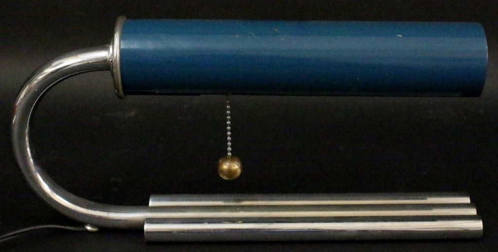 Attr. To Gilbert Rohde Desk Lamp: Attributed to Gilbert Rohde (American 1894–1944). Modern Mutual-Sunset Lamp Co., USA, blue enameled brass and chrome plated steel desk or table lamp, circa 1933. Unmarked. Height 7", width 13.75. Li