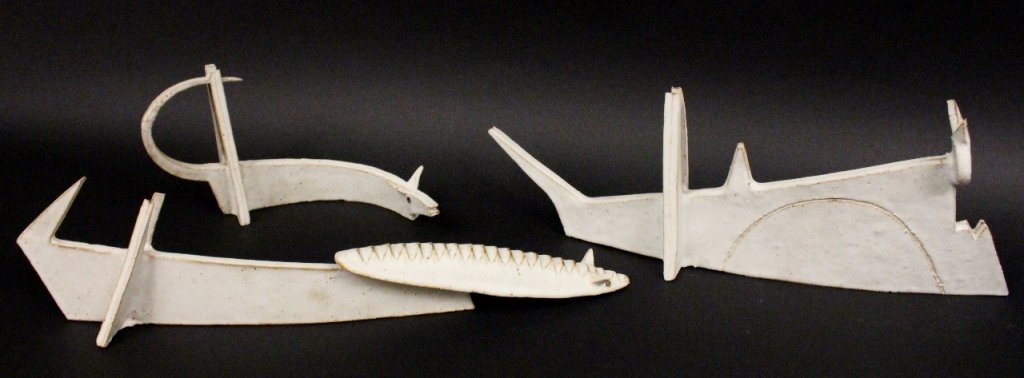 Group of Three Bruno Gambone Animals: Bruno Gambone (Italian 20th century). Group of three unmatched whimsical modern animal table sculptures including a mouse with curved tail, a cat with pointed ears, and an animal with elongated and te