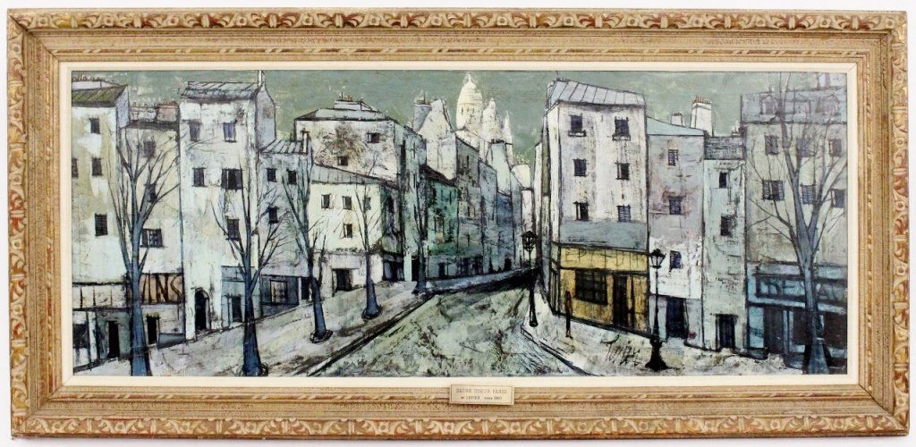 Charles Levier, Montmartre Paris Oil: Charles Levier (French, 1920-2003), "Montmartre"-circa 1960. Oil on canvas painting depicting a grey Parisian (Montmartre) urban street scene with Sacre Coeur Basilica in background rising out of tops