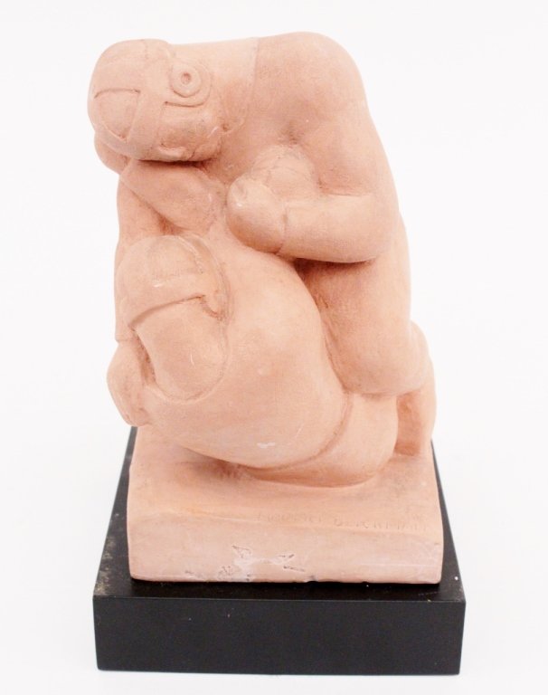 Maurice Glickman Football Players Sculpture: Maurice Glickman (American 1906-1981). Figural cast terra cotta sculpture by WPA era artist depicting two early football players entwined during a tackle play, each wearing helmets, one grasping a foo