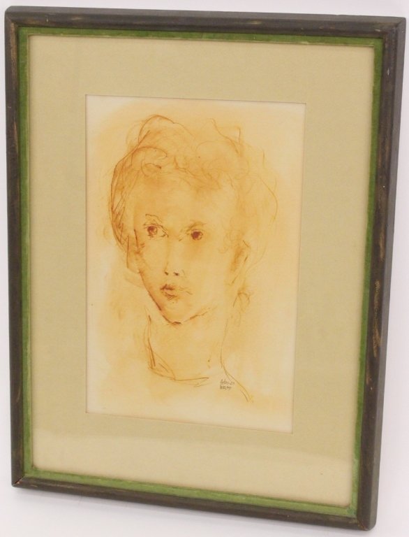 Anton Weiss Figural Sketch: Anton Weiss (Yugoslavian/American, Contemporary). Ink wash on paper sketch of a female portrait bust depicting a young woman at three quarter turned view with curled hair pulled up exposing her long n