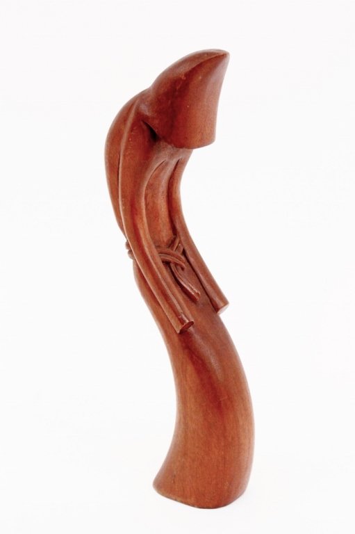 Jose Pinal Carved Wood Figure: Jose Pinal (Mexican 1913-1983) carved wood figure with a stylized serpentine back wearing a long hooded robe obscuring face with tied rope form belt. Signed on bottom "J. PINAL" with stamp identifying