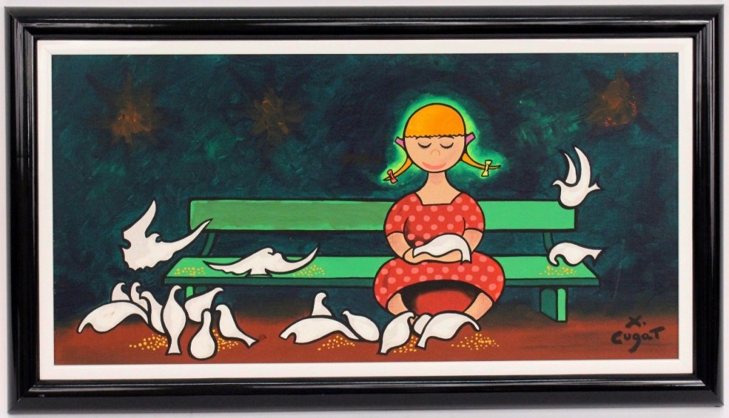 Xavier Cugat Girl w/Pigeons Oil: Xavier Cugat [American/Spanish/Cuban 1900-1990]. Oil on canvas board painting depicting a playful and cheerful scene of a young girl wearing a red and neon pink polka dotted dress with orange pigtails