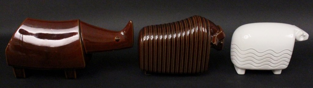 Three Noritake Ani-Mates Figures: Group of three Noritake Ani-Mate ceramic sculptural figurines (1960s-1970s) designed by Japanese artist Kiyotada Itoh comprising of a sheep in a white glaze with undulating motif on lower half of body