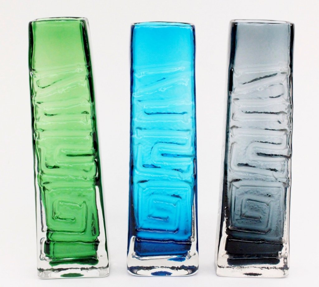 3 Baxter for Whitefriars Art Glass "Totem" Vases: Geoffrey Baxter (British 1922-1995) for Whitefriars. Group of three "Totem" vases, each in a different color (slate blue, marine blue, and green). Height approximately 10.5".