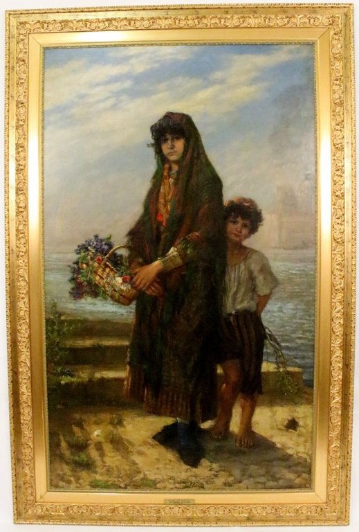 D. Jerome Elwell, Large Mother & Child Oil: D. Jerome Elwell (American 1847-1912). Oil on canvas laid down. Large painting depicting an Italian mother (flower seller) and her child standing on a stepped surface near Venetian canal, faint glimps