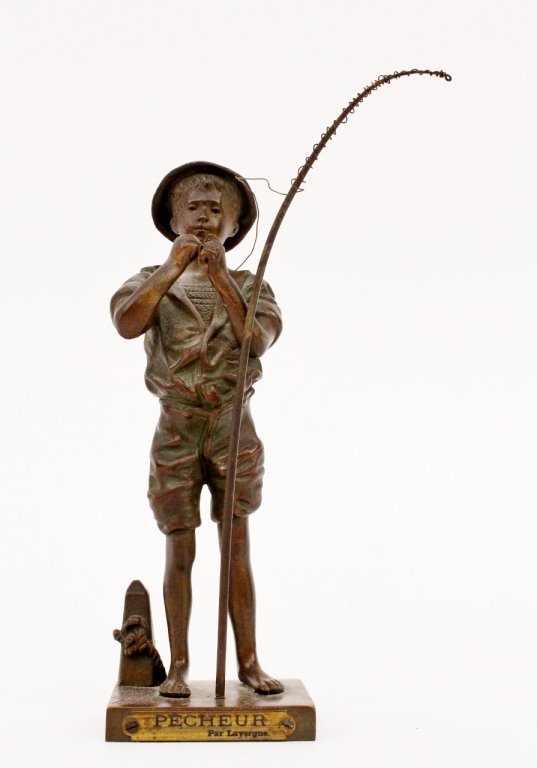 Adolphe Jean Lavergne Bronze Fisherman Sculpture: Adolphe Jean Lavergne (French 1852-1901), "Le Pecheur (The Fisherman)". Diminuitive patinated bronze statue depicting a boy fishing standing at full length with bare feet and short trousers wearing a