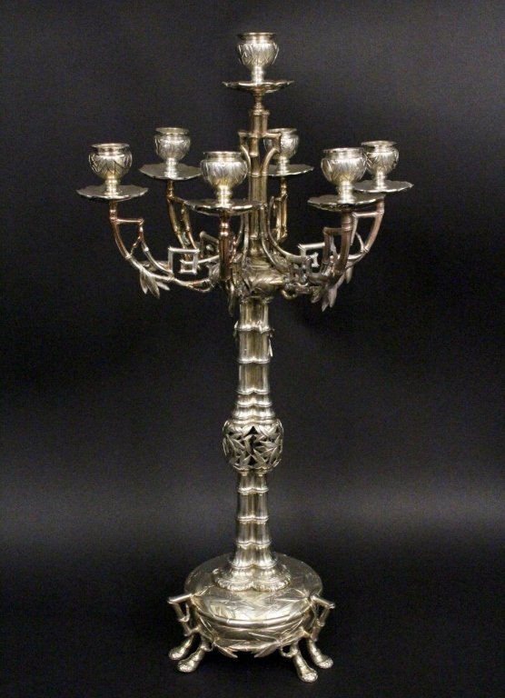 Rare Christofle Candleabra w/Bamboo Motif: Christofle, Late 19th/Early 20th century. Rare and finely handled, ornate, possibly "Bambou" pattern, silver plated on bronze metal seven light candleabra in Aesthetic Movement style with all over bam