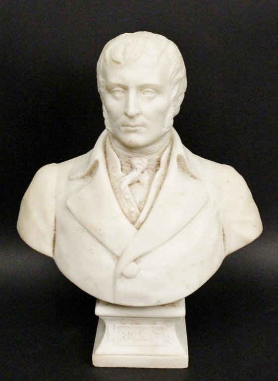 Carved Alabaster Sculptural Bust of Bichat: Vincent (Late 19th/Early 20th century). Carved alabaster sculptural bust, likely French depicting French anatomist and physiologist Marie François Xavier Bichat (French 1771-1802). Figural male bust