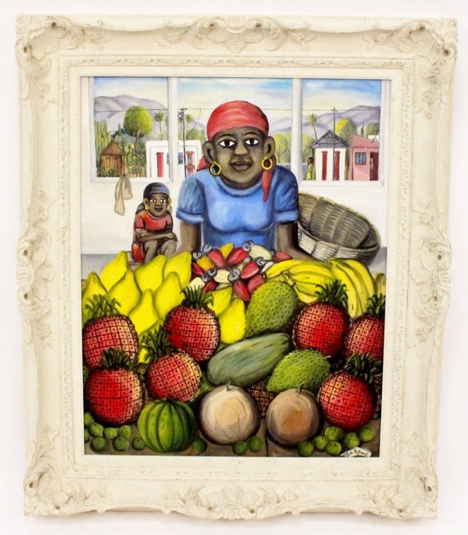 Oil on Canvas by Wilson Bigaud- Lady w. Fruit: Wilson Bigaud (Haitian 1931-2010). Oil on canvas painting depicting a woman with red head scarf and large hoop earrings standing behind a market stand behind a large quantity of tropical fruit includi