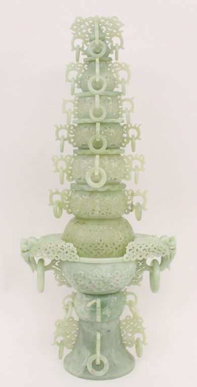 Large Chinese Carved Jade Censer: Large Chinese carved censer or incense burner composed light green jade. Censer base with two bowl forms on top of flared circular base. Top bowl of base section with the largest bowl form and mounted
