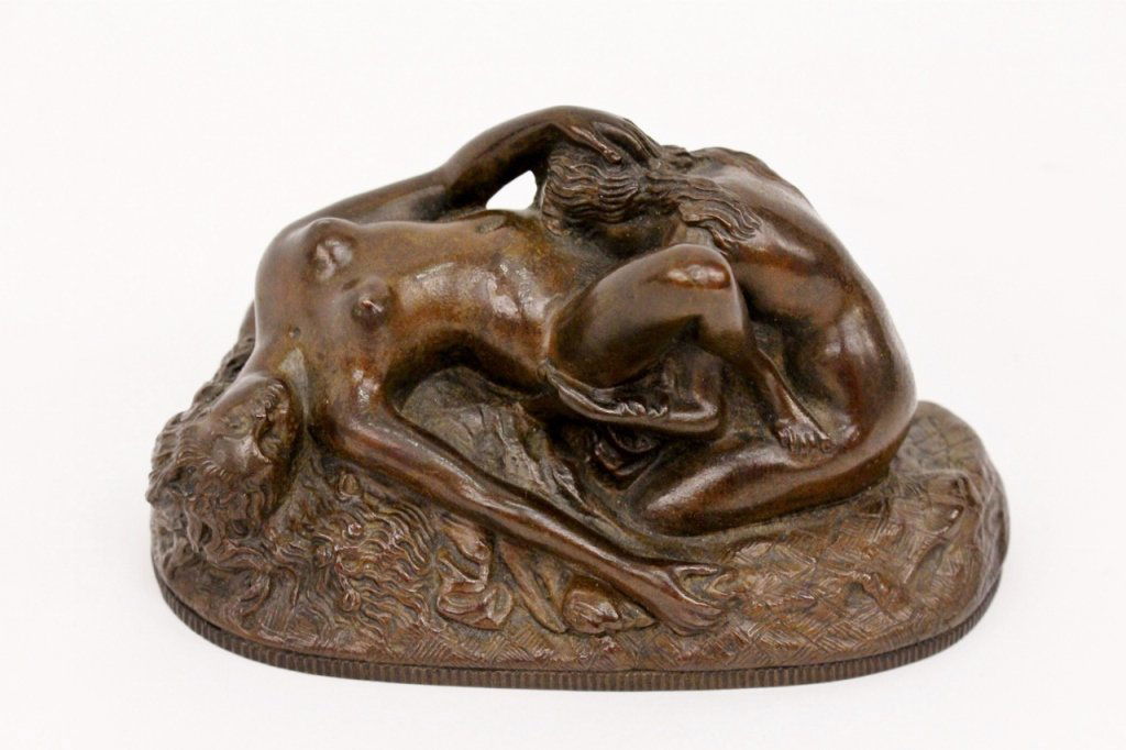 Lambeaux Erotic Bronze Sculpture: Joseph Marie Thomas (Jef) Lambeaux (Belgian 1852 - 1908). Patinated bronze figural sculpture depicting an erotic scene with two nude women on a rock form base, circa 1895. Signed on base "J.M. LAMBEAU