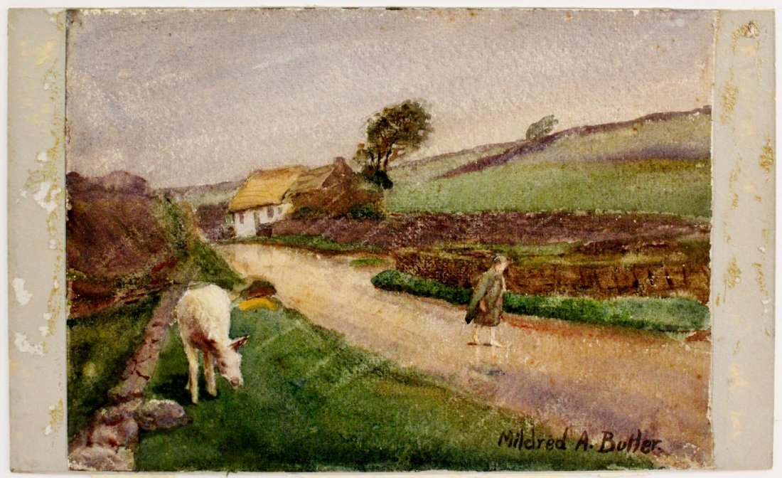 Mildred Butler Irish Landscape w/Figure: Mildred Anne Butler (RWS RUA)(Irish 1858-1941). Watercolor on paper laid down on artist's board painting depicting a figure in a green hooded cloak walking along a wet shallow creek or stream bed in f