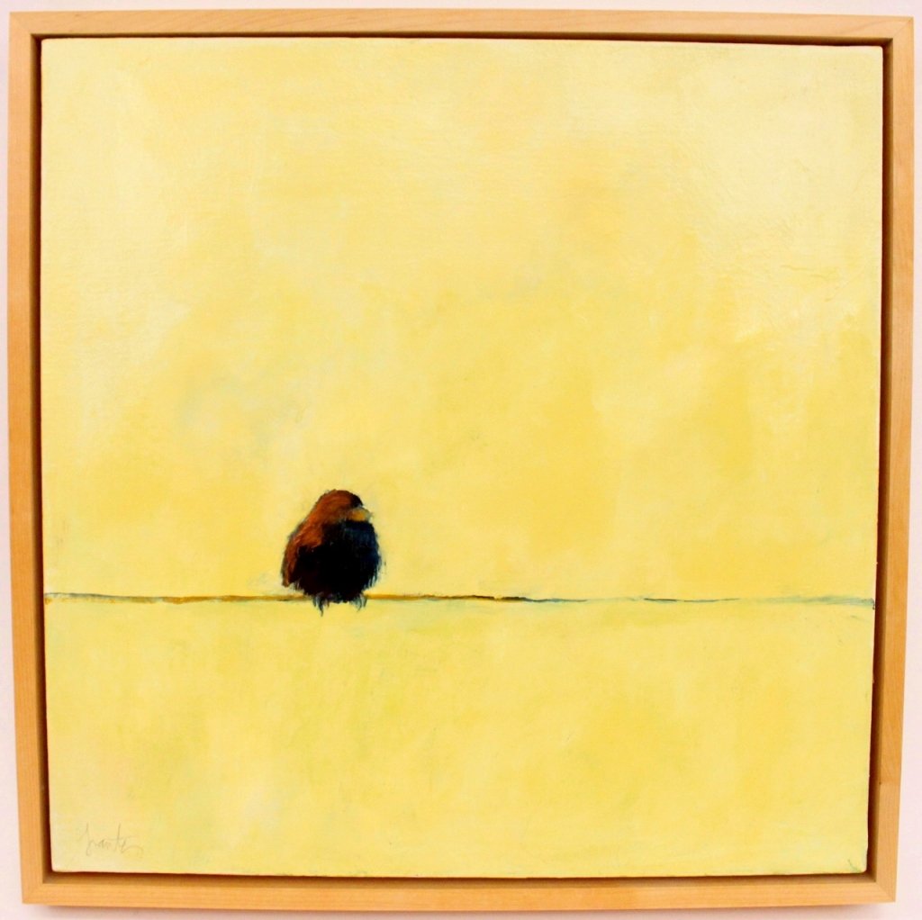 Ellen Granter "A Little Thing" Oil: Ellen Granter (American, Contemporary), "A Little Thing". Oil on canvas depicting a lone small fluffy dark feathered bird perched on a telephone wire. Signed lower left "Granter". Framed 19.5" square.